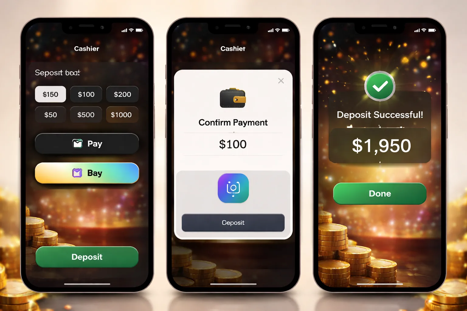 Deposit with mobile payments (Apple Pay, Google Pay, carrier billing where available)