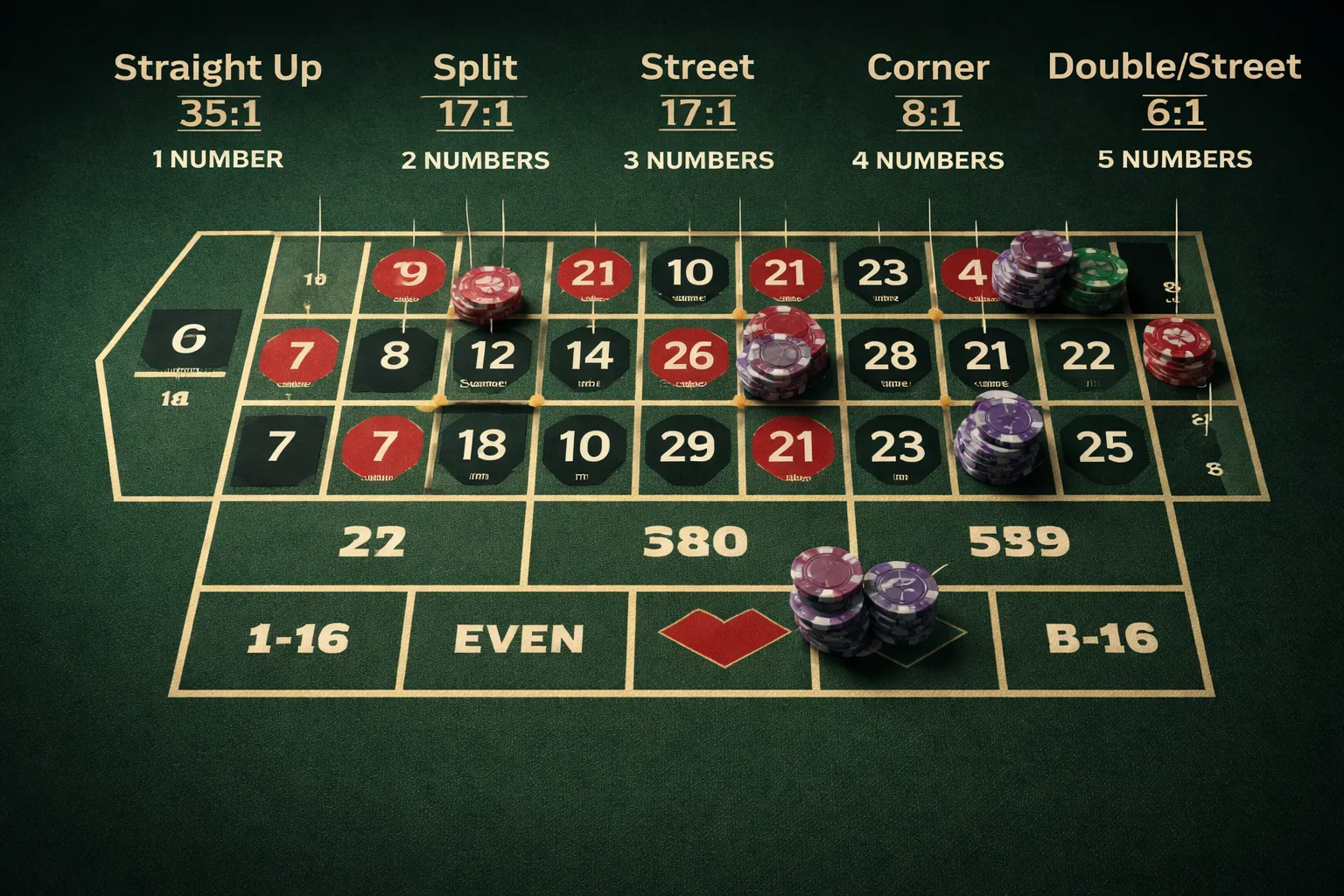 Inside bets explained: types, payouts, and odds of winning