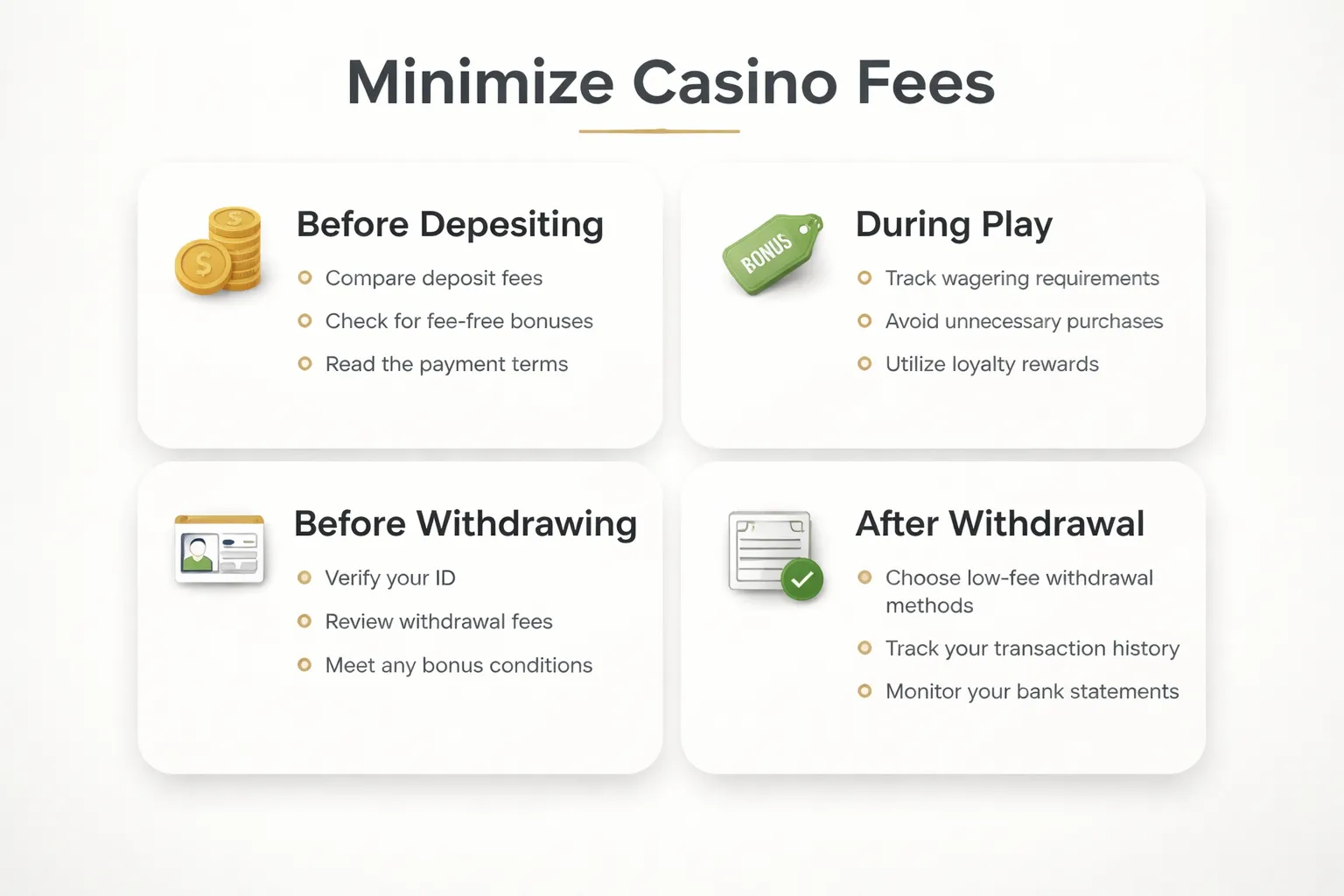 Quick checklist: minimize fees before, during, and after you play