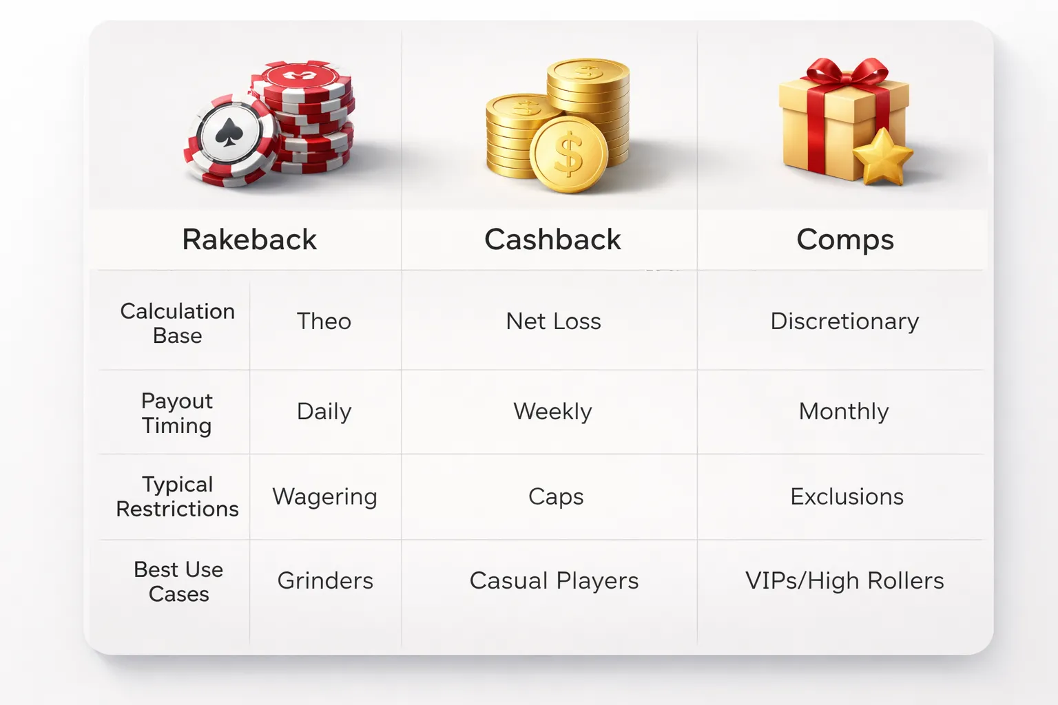 Rakeback vs cashback vs comps: definitions, examples, and when each is best